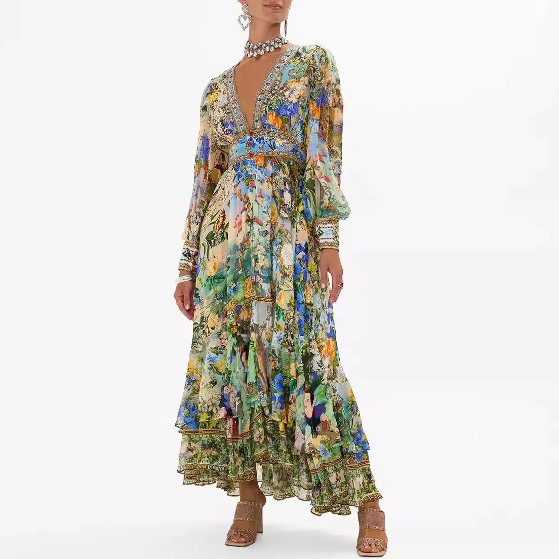 Autumn Women Casual Floral Print V-Neck Long Sleeve Chiffon Maxi Dress