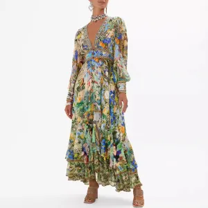 Autumn Women Casual Floral Print V-Neck Long Sleeve Chiffon Maxi Dress