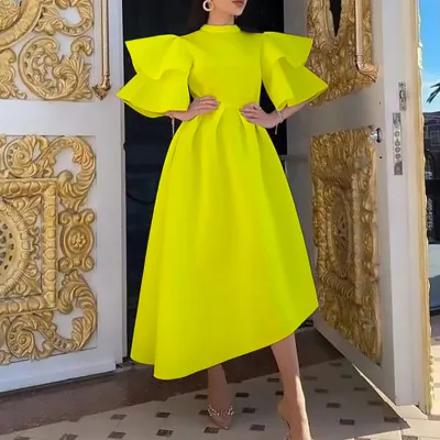 Women Fashion Solid Color Double-Layer Ruffle Sleeve Irregular A- Line Dress