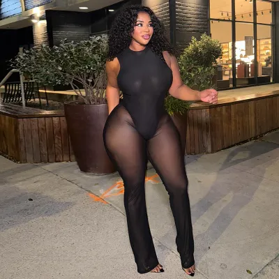 Women Fashion Sexy Solid Color Round Neck Mesh Backless Slim-Fit Jumpsuit