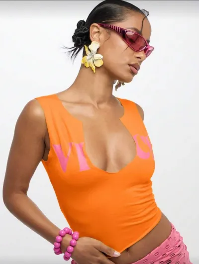 Women Fashion Sexy Letter Print U-Neck Sleeveless Stretch Slim-Fit Tank Top