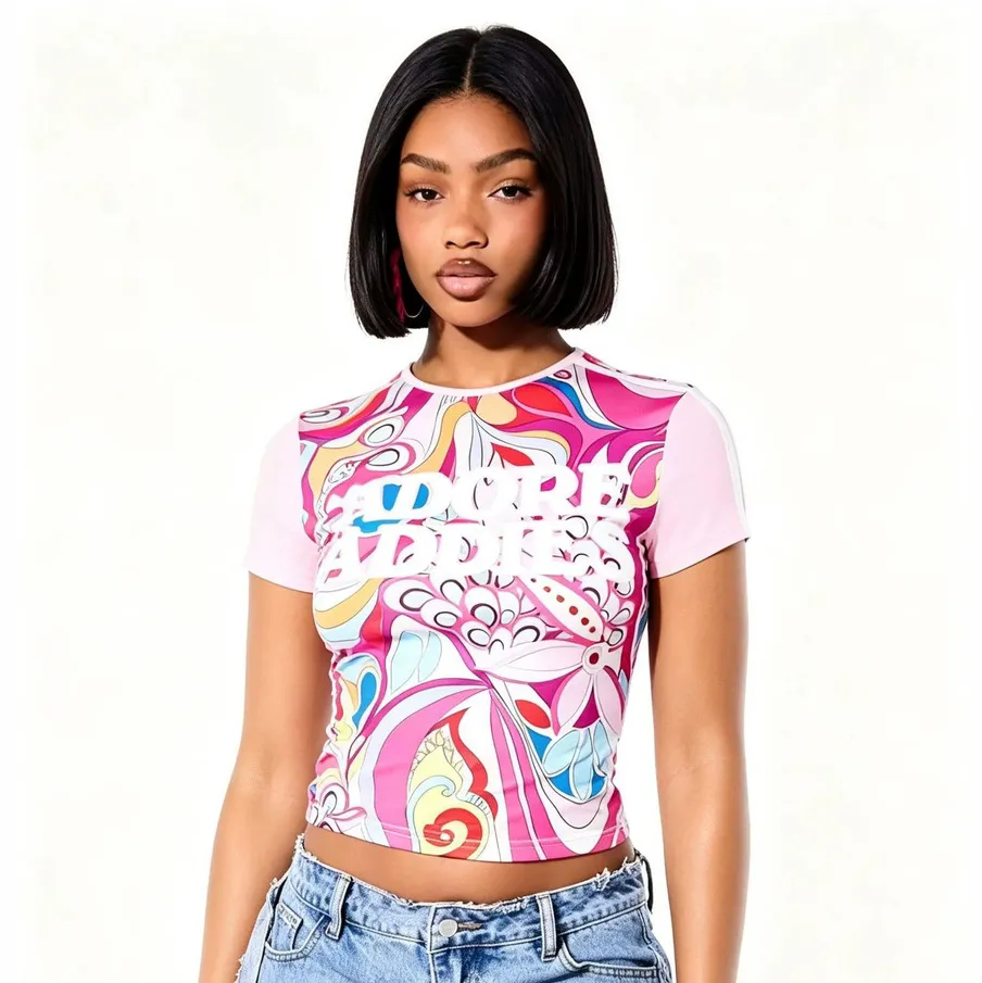 Women Fashion Multicolor Abstract Floral Printed Short-Sleeve T-Shirt