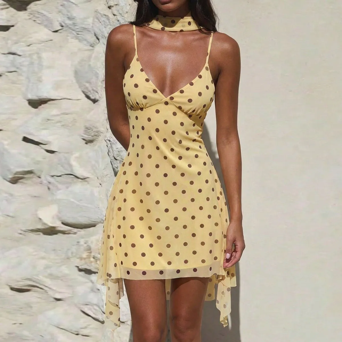 Women Fashion Polka Dot Print Sling Mesh Mini Dress