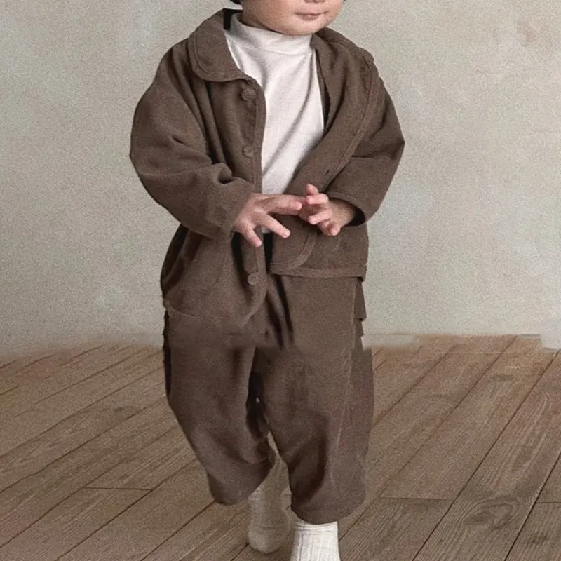 Kids Boys And Girls Fashion Casual Autumn And Winter Solid Color Corduroy Lapel Coat Pants Two-Piece Set