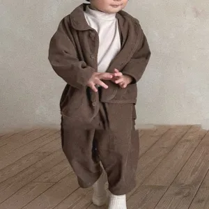 Kids Boys And Girls Fashion Casual Autumn And Winter Solid Color Corduroy Lapel Coat Pants Two-Piece Set