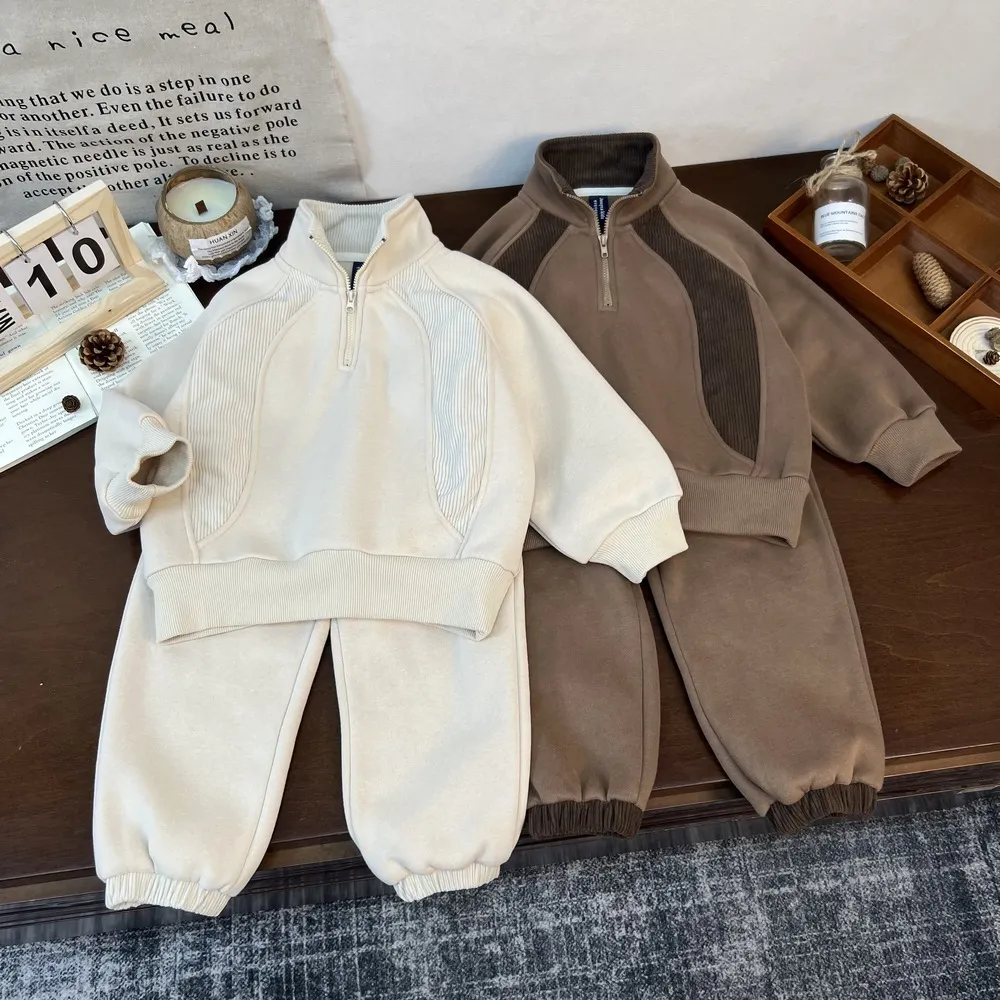 Kids Boys And Girls Fashion Casual Autumn Winter Contrast Corduroy Long-Sleeve Sweatshirt Pants Two-Piece Set