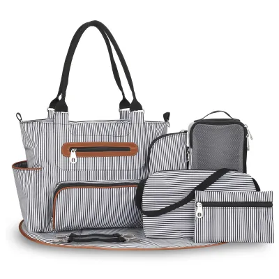 Fashion Stripe Large Capacity Multi-Function Portable Storage Diaper Bag 7-Piece Bag Set