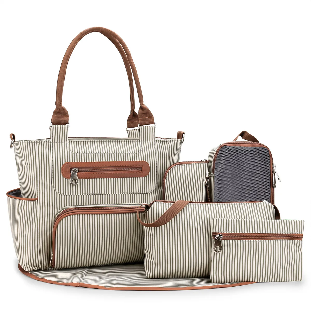Fashion Stripe Large Capacity Multi-Function Portable Storage Diaper Bag 7-Piece Bag Set