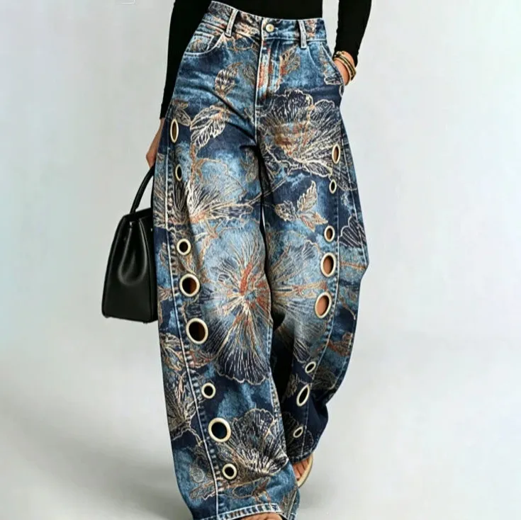 Women Fahion Casual Printed Ring High Waist Wide-Leg Jeans