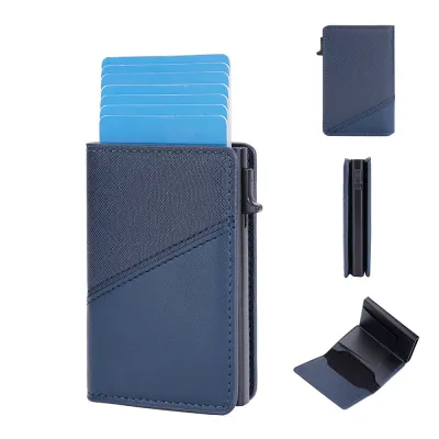 Men'S Fashion Leather Contrast Side Push Automatic Anti-Magnetic Anti-Theft Card Case