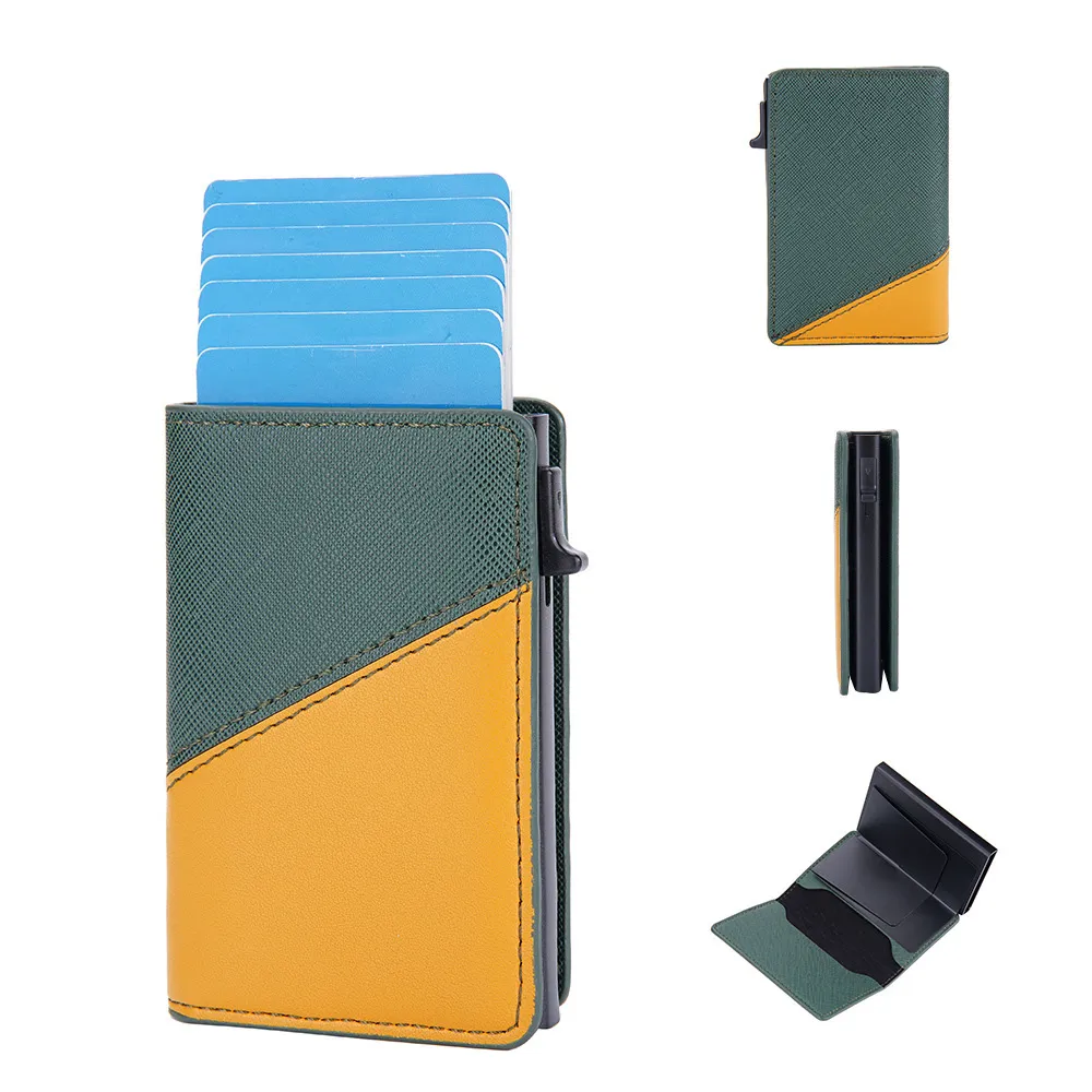 Men'S Fashion Leather Contrast Side Push Automatic Anti-Magnetic Anti-Theft Card Case