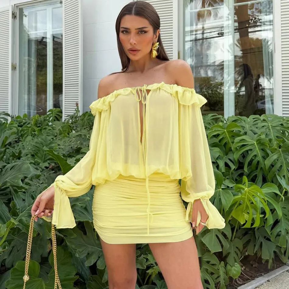 Women Fashion Sexy Elegant Solid Color Off-Shoulder Hollow Long-Sleeve Lace-Up Slim-Fit Dress