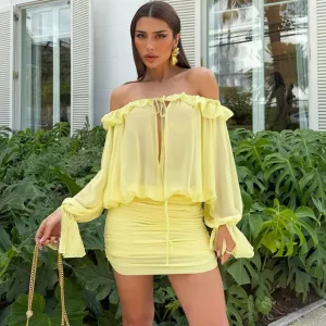 Women Fashion Sexy Elegant Solid Color Off-Shoulder Hollow Long-Sleeve Lace-Up Slim-Fit Dress