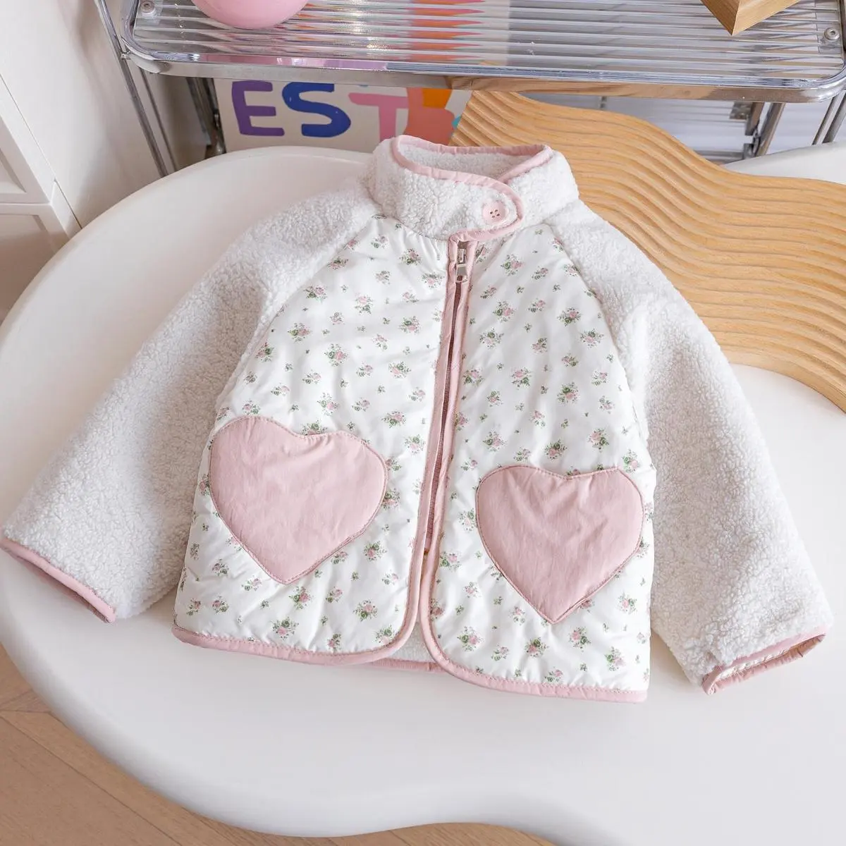 Kids Girls' Fashion Winter Flower Printed Love Pocket Double-Sided Fleece Warm Cotton-Padded Coat
