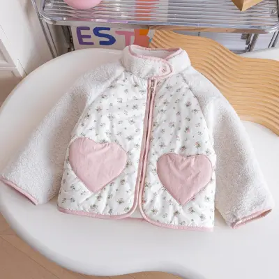 Kids Girls' Fashion Winter Flower Printed Love Pocket Double-Sided Fleece Warm Cotton-Padded Coat
