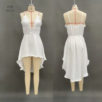 Women Fashion Sexy Summer Solid Color Spaghetti Strap Irregular Dress