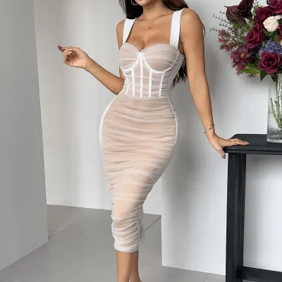 Women Fashion Sexy Mesh Stitching Perspective Sleeveless Pleated Slim-Fit Dress