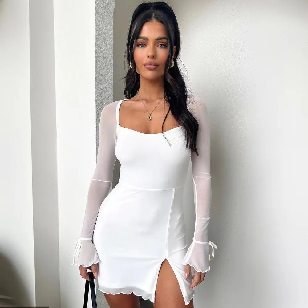 Women Fashion Sexy Solid Color Long Sleeve Hollow Horn Sleeve Split Dress