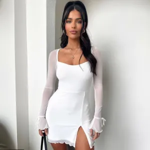 Women Fashion Sexy Solid Color Long Sleeve Hollow Horn Sleeve Split Dress