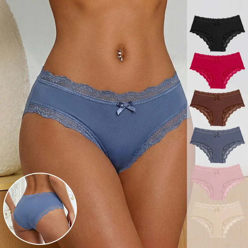 Women Fashion Sexy Solid Color Traceless Bow Lace Mid-Waist Panties