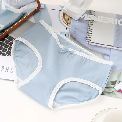 Women Fashion Cotton Mid-Waist Blue Plaid Printed Panties