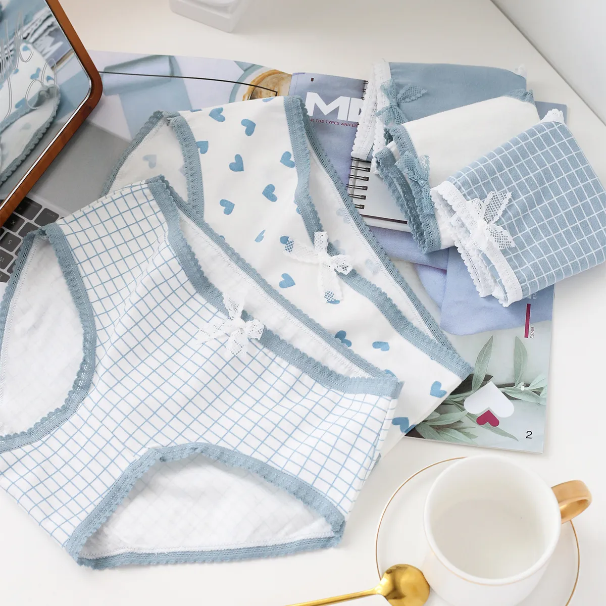 Women Fashion Cotton Mid-Waist Blue Plaid Printed Panties
