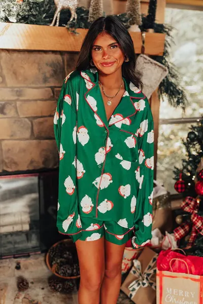 Women Fashion Casual Satin Print Lapel Long-Sleeve Cardigan Loose Shorts Pajamas Two-Piece Set