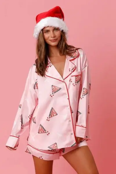 Women Fashion Casual Satin Print Lapel Long-Sleeve Cardigan Loose Shorts Pajamas Two-Piece Set