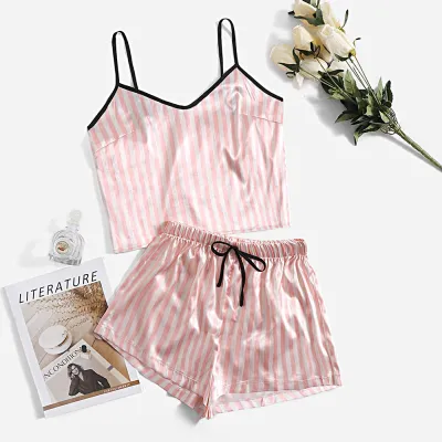Women Fashion Sexy Summer Stripe Silk Ice Camisole Shorts Thin Pajamas Two-Piece Set