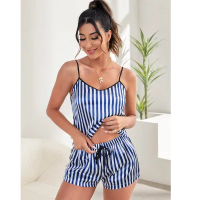 Women Fashion Sexy Summer Stripe Silk Ice Camisole Shorts Thin Pajamas Two-Piece Set