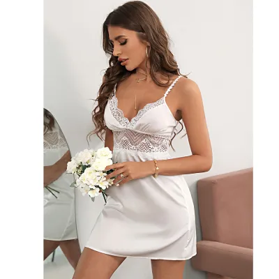 women fashion sexy solid color Thin Ice Silk Sling V-Neck  Nightdress Pajamas