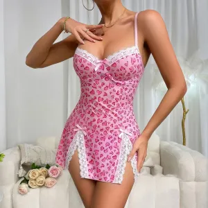 Women Fashion Sexy Pink Love Printed Lace Stitching Heart-Shaped Pajamas Two-Piece Set