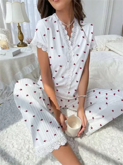 Women'S Fashion Casual Printed Embroidered Lace Short Sleeve Top Loose Pants Pajamas Two-Piece Set