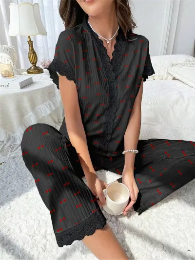 Women'S Fashion Casual Printed Embroidered Lace Short Sleeve Top Loose Pants Pajamas Two-Piece Set