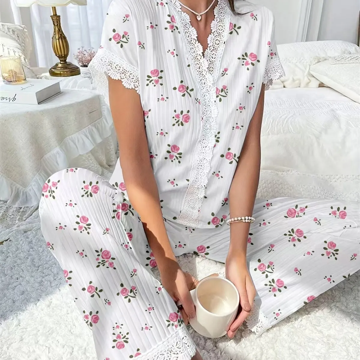 Women'S Fashion Casual Printed Embroidered Lace Short Sleeve Top Loose Pants Pajamas Two-Piece Set