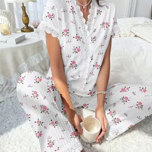 Women'S Fashion Casual Printed Embroidered Lace Short Sleeve Top Loose Pants Pajamas Two-Piece Set