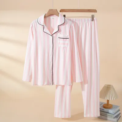 Women Fashion Casual Stripe Lapel Cardigan Loose Pants Pajamas Two-Piece Set