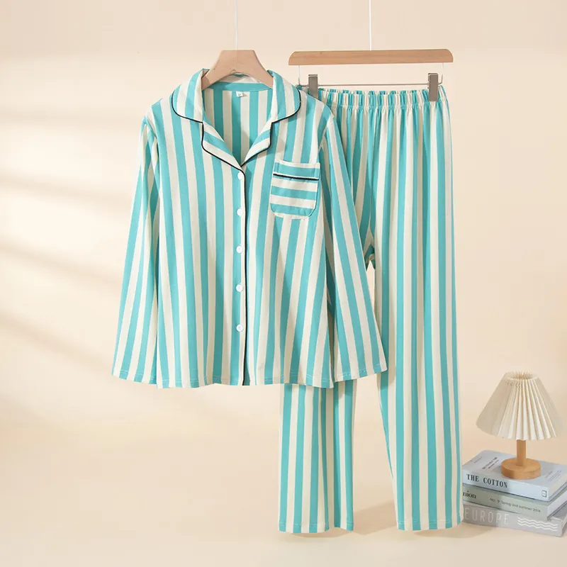 Women Fashion Casual Stripe Lapel Cardigan Loose Pants Pajamas Two-Piece Set