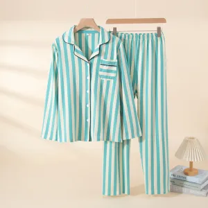 Women Fashion Casual Stripe Lapel Cardigan Loose Pants Pajamas Two-Piece Set