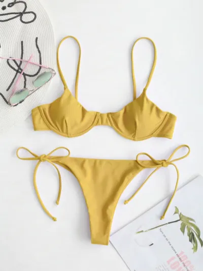 Women Fashion Sexy Summer Solid Color Lace-Up Bikini Swimsuit