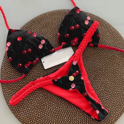 Women Fashion Sexy Printed Halter-Neck Lace-Up Bikini Swimsuit