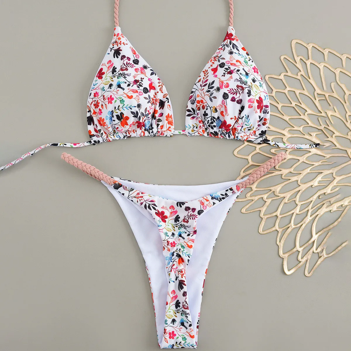 Women Fashion Sexy Printed Halter-Neck Lace-Up Bikini Swimsuit