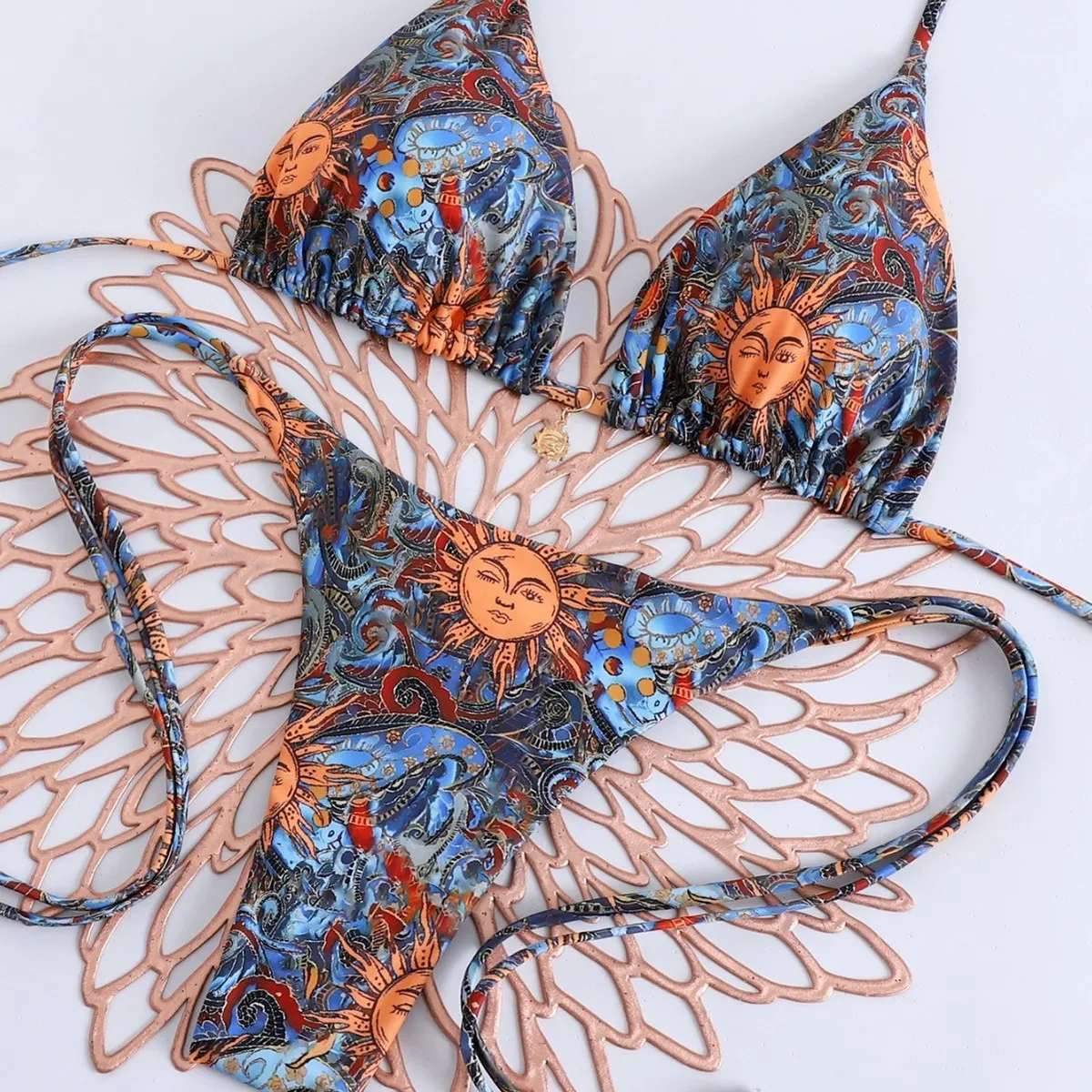 Women Fashion Sexy Printed Halter-Neck Lace-Up Bikini Swimsuit