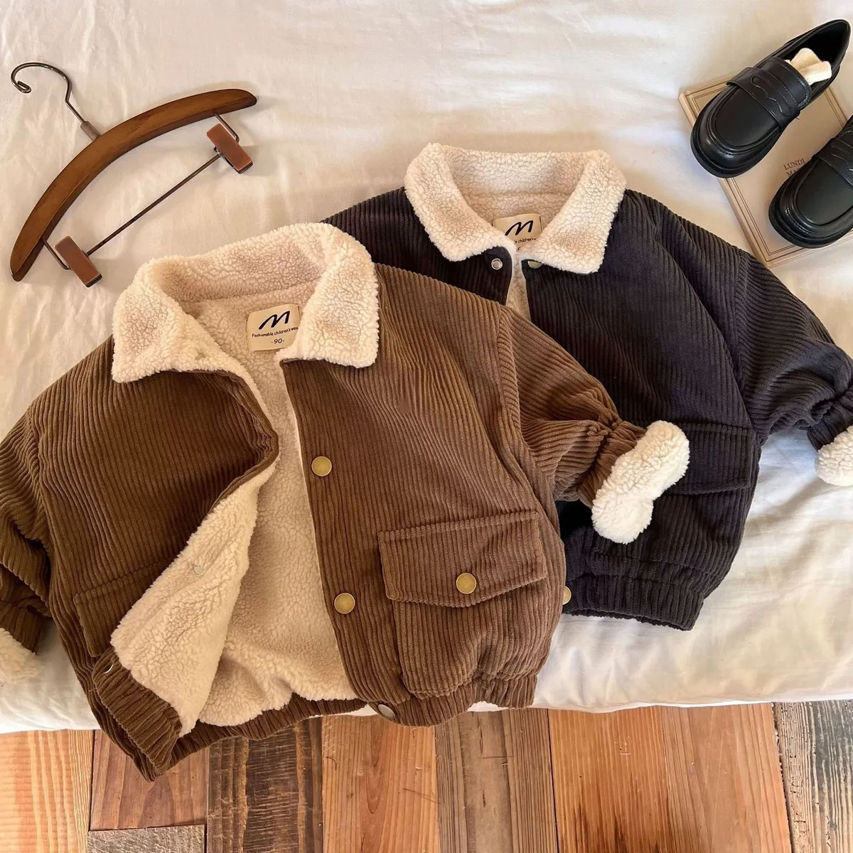 Kids Boys And Girls Fashion Casual Autumn And Winter Thickened Pit Strip Fleece Lapel Coat