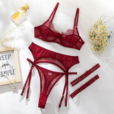 Women Fashion Solid Color Lace Thin Perspective Push-Up Big Chest Sexy Lingerie Four-Piece Set