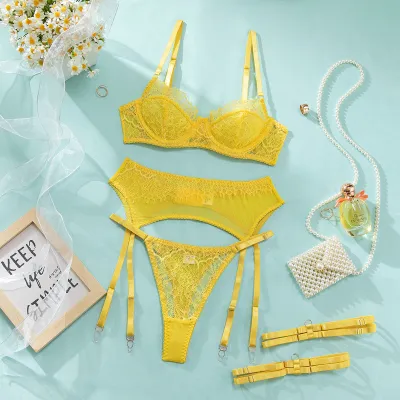 Women Fashion Solid Color Lace Thin Perspective Push-Up Big Chest Sexy Lingerie Four-Piece Set