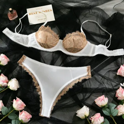 Women Fashion Ultra-Thin Lace Stitching Bra With Steel Rings Sexy Lingerie Set