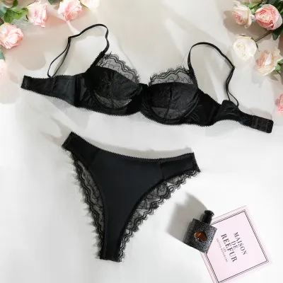 Women Fashion Ultra-Thin Lace Stitching Bra With Steel Rings Sexy Lingerie Set