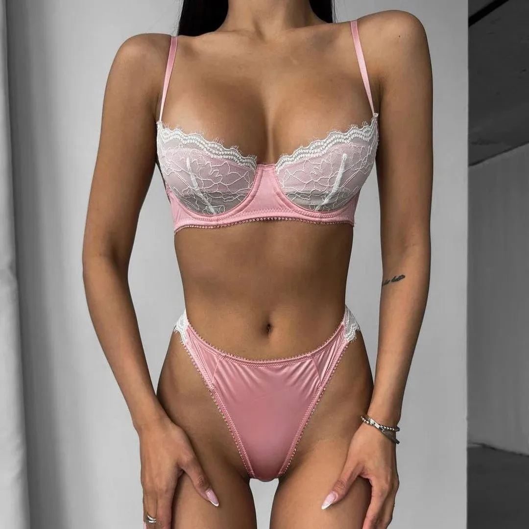 Women Fashion Ultra-Thin Lace Stitching Bra With Steel Rings Sexy Lingerie Set
