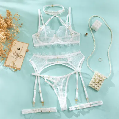 Women Fashion Solid Color Lace Thin Hollow Sexy Lingerie Five-Piece Set